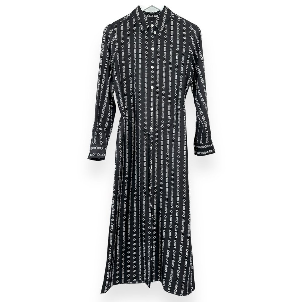 Theory Black & White Chainlink Print Belted Silk Maxi Shirt Dress sz S